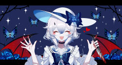 Rule 34 | 1girl, :d, ^ ^, black choker, blood, blood on hands, bloody weapon, blue bow, blush stickers, bow, bug, butterfly, choker, closed eyes, commentary request, demon wings, dress, facing viewer, fangs, hair between eyes, hands up, hat, hat bow, highres, holding, holding knife, holding weapon, horns, insect, knife, letterboxed, open mouth, original, outside border, reverse grip, sailor collar, sheya, short hair, smile, solo, sparkle, straight-on, upper body, weapon, white dress, white hair, white hat, white sailor collar, wings