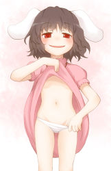 Rule 34 | 1 mutsuki, 1girl, animal ears, brown hair, clothes lift, dress, dress lift, female focus, groin, inaba tewi, navel, panties, panty pull, rabbit ears, red eyes, shirt lift, simple background, solo, touhou, underwear, white background, white panties