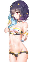 Rule 34 | 10s, 1girl, absurdres, armpit crease, bare shoulders, black choker, blue hair, blush, bottle, breasts, choker, clothes writing, collarbone, commentary request, cowboy shot, crop top, flower, groin, hair between eyes, hair flower, hair ornament, hand up, highres, holding, holding bottle, holding towel, korean commentary, medium breasts, midriff, mizuno ai, navel, parted lips, red eyes, ribbon, short hair, sidelocks, simple background, solo, standing, stomach, strapless, sunhyun, sweat, teeth, towel, tube top, water bottle, white background, wrist ribbon, yellow flower, yellow ribbon, zombie land saga