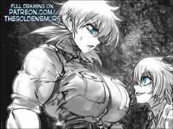 Rule 34 | 1boy, 1girl, animal ears, blonde hair, blue eyes, breasts, cat boy, cat ears, confused, greyscale, hellsing, large breasts, looking at another, looking down, looking up, monochrome, muscular, muscular female, schroedinger (hellsing), seras victoria, size difference, smile, the golden smurf, tight clothes, uniform