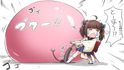 Rule 34 | 1girl, = =, ahoge, air pump, bicycle pump, black footwear, blue skirt, brown hair, closed eyes, commentary request, emphasis lines, headgear, highres, japanese clothes, kimono, long sleeves, neon-tetora, pleated skirt, sandals, shadow, skirt, socks, solo, sweat, teardrop, touhoku kiritan, translation request, trembling, twintails, voiceroid, white background, white kimono, white socks, wide sleeves, zouri
