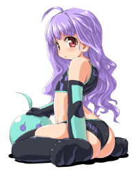 Rule 34 | 10s, 1girl, ahoge, ass, bad id, bad pixiv id, bare shoulders, black thighhighs, blush, busou shinki, dd (ijigendd), elbow gloves, flat chest, gloves, long hair, looking at viewer, looking back, purple hair, red eyes, simple background, sitting, thighhighs, wariza, white background, yda