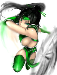 Rule 34 | 1girl, akali, akali (legacy), black hair, breasts, forehead protector, green eyes, green thighhighs, hair ornament, hair stick, highres, kumiko shiba, league of legends, long hair, motion blur, ponytail, shoulder pads, sideboob, solo, thighhighs, vambraces, weapon