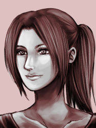 Rule 34 | 1girl, brown hair, claire redfield, close-up, collarbone, lips, long hair, mitty (m@jenca), monochrome, pink background, ponytail, resident evil, resident evil 2, sideburns, simple background, solo