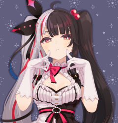 Rule 34 | 1girl, :i, ahoge, black hair, blue background, blush, bow, bowtie, breasts, center opening, cheek poking, cleavage, closed mouth, dress, elbow gloves, eyelashes, frilled dress, frills, gloves, hair bobbles, hair ornament, hair ribbon, highres, long hair, looking at viewer, medium breasts, multicolored hair, nijisanji, outline, patterned background, pink bow, pink bowtie, poking, puffy cheeks, red eyes, red hair, ribbon, shigure ui, silver hair, simple background, solo, split-color hair, streaked hair, twintails, upper body, virtual youtuber, white dress, white gloves, yorumi rena, yorumi rena (1st costume)
