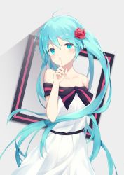 Rule 34 | 1girl, absurdres, ahoge, aqua eyes, aqua hair, bad id, bad pixiv id, bare shoulders, blush, bow, collarbone, commentary, cowboy shot, dress, finger to mouth, flower, hair flower, hair ornament, hatsune miku, head tilt, highres, index finger raised, light blush, long hair, looking at viewer, off-shoulder dress, off shoulder, red flower, red rose, rose, shushing, solo, square, standing, twintails, very long hair, vocaloid, white background, white dress, yumenone (conectarts)