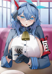 Rule 34 | 1girl, absurdres, ako (blue archive), bell, blue archive, blue eyes, blue gloves, blue hair, blue jacket, blush, breasts, collar, cowbell, cup, gloves, hair between eyes, hair ribbon, hairband, halo, highres, huge breasts, jacket, long hair, long sleeves, looking at viewer, mug, open mouth, ribbon, san (harutuki 3), sideboob, solo