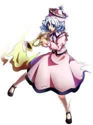 Rule 34 | 1girl, baba (baba seimaijo), blue eyes, blue hair, full body, hat, highres, instrument, juliet sleeves, long sleeves, mary janes, matching hair/eyes, merlin prismriver, music, playing instrument, puffy sleeves, shirt, shoes, silver hair, skirt, skirt set, solo, tachi-e, touhou, transparent background, trumpet, vest