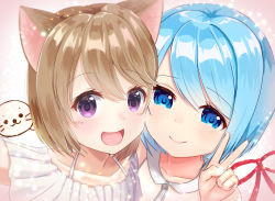 Rule 34 | 2girls, :d, blue eyes, blue hair, blush, brown hair, character request, closed mouth, collarbone, commentary request, copyright request, dress, hair between eyes, hand up, maid no yuki-san, mimikaki (men bow), multiple girls, open mouth, portrait, purple eyes, short hair, sleeveless, sleeveless dress, smile, v, virtual youtuber, white dress