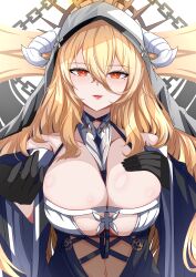Rule 34 | 1girl, absurdres, azur lane, bare shoulders, between breasts, black gloves, blonde hair, breast cutout, breasts, covered navel, fake horns, gloves, habit, hair between eyes, hand on own chest, highres, horns, implacable (azur lane), large breasts, long bangs, long hair, looking at viewer, mole, mole under eye, nun, orange eyes, revealing clothes, see-through, shiny skin, siota1998, solo, two-tone dress, very long hair, white horns