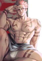 Rule 34 | 1boy, abs, absurdres, bara, body markings, facial mark, fingernails, fundoshi, grey kimono, highres, japanese clothes, jujutsu kaisen, kimono, large pectorals, male focus, muscular, muscular male, navel, nipples, pectorals, pink hair, red eyes, reddjackal, ryoumen sukuna (jujutsu kaisen), sharp fingernails, short hair, sitting, smile, solo, thick thighs, thighs