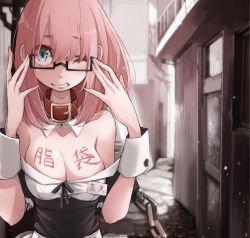 Rule 34 | 1girl, adjusting eyewear, blue eyes, body writing, breasts, building, chain, cleavage, collar, detached collar, door, glasses, maid, name tag, one eye closed, original, pink hair, revision, short hair, smile, solo, takagi (tansuke), tansuke, translated, wink, wrist cuffs
