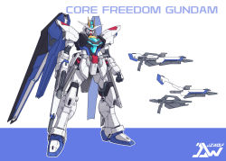 Rule 34 | blue eyes, character name, clenched hand, core gundam ii, freedom gundam, fusion, gun, gundam, gundam build divers, gundam build divers re:rise, gundam seed, highres, holding, holding gun, holding weapon, langbazi, mecha, mechanical wings, no humans, robot, science fiction, v-fin, weapon, wings