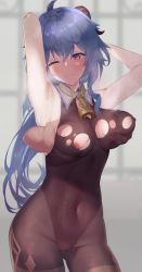 Rule 34 | absurdres, ahoge, armpits, arms behind head, arms up, bell, black legwear, black leotard, blue hair, blush, bodystocking, bodysuit, grabbing another&#039;s breast, breasts, covered erect nipples, covered navel, curled horns, disembodied hand, ganyu (genshin impact), genshin impact, gluteal fold, grabbing, grabbing from behind, groping, hand under clothes, highres, horns, huyuking2021, leotard, leotard under clothes, long hair, looking to the side, medium breasts, neck bell, nipples, one eye closed, pantyhose, purple eyes, sidelocks, sleeveless, standing, steaming body, sweat, thigh gap, thighlet, torn bodystocking, torn bodysuit, torn clothes, torn leotard