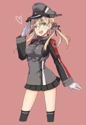 Rule 34 | 10s, 1girl, :d, bad id, bad pixiv id, black skirt, black thighhighs, cross, gloves, green eyes, hat, highres, iron cross, kantai collection, looking at viewer, microskirt, military, military hat, military uniform, open mouth, peaked cap, pink background, pleated skirt, prinz eugen (kancolle), salute, sitting, skirt, smile, solo, thighhighs, twintails, uniform, white gloves, yukko0930