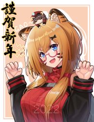 Rule 34 | 1boy, 1girl, 2022, absurdres, animal ears, blue eyes, chibi, chibi on head, chinese zodiac, christmas, commander (girls&#039; frontline), fang, gao, girls&#039; frontline, glasses, hair ornament, hairclip, highres, jiafei2o3, kalina (girls&#039; frontline), long hair, looking at viewer, merry christmas, new year, on head, open mouth, orange hair, paw pose, red sweater, smile, solo, sweater, tiger ears, upper body, year of the tiger