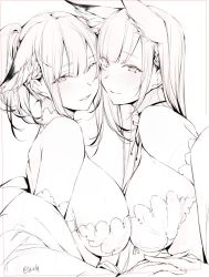Rule 34 | 2girls, animal ears, bad id, bad twitter id, bare shoulders, blush, bra, breast press, breasts, closed mouth, ears down, fox ears, from side, greyscale, highres, holding hands, interlocked fingers, large breasts, long hair, monochrome, multiple girls, off shoulder, one eye closed, original, parted lips, ponytail, shunsei (muratou), simple background, sketch, smile, symmetrical docking, twitter username, underwear, white background