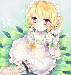Rule 34 | 1girl, blonde hair, blush, bow, breasts, cleavage, detached sleeves, fishnet thighhighs, fishnets, flower knight girl, green skirt, hand up, looking at viewer, maid headdress, medium breasts, midriff, nako (7cona5), navel, simple background, sitting, skirt, smile, solo, suiren (flower knight girl), thighhighs, white skirt, yellow bow, yellow eyes
