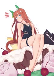 Rule 34 | 1girl, animal ears, bare arms, bare legs, bare shoulders, barefoot, black one-piece swimsuit, blue eyes, brown hair, casual one-piece swimsuit, cherry, commentary, english commentary, food, fruit, hairband, highres, horse ears, horse girl, horse tail, in food, jilu, long hair, looking at viewer, notice lines, one-piece swimsuit, parted lips, silence suzuka (umamusume), simple background, sitting, solo, swimsuit, tail, thigh strap, umamusume, very long hair, white background, white hairband