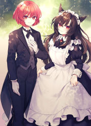 Rule 34 | 2girls, animal ear fluff, animal ears, apron, apron lift, black pants, black vest, butler, clothes lift, commentary request, commission, female butler, frilled apron, frills, gloves, highres, horikawa raiko, imaizumi kagerou, long hair, long sleeves, looking at viewer, maid headdress, multiple girls, pants, red eyes, red hair, skeb commission, smile, tomobe kinuko, touhou, vest, white apron, white gloves, wolf ears, wrist cuffs