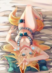 Rule 34 | animal ears, arm on own head, armpits, bed, bikini, blonde hair, blue eyes, breasts, cat ears, dated, gie (gienara), happy, large breasts, open mouth, original, pillow, signature, smile, swimsuit, tail, thighhighs, thighs, v