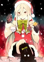 Rule 34 | 1boy, afuro terumi, androgynous, bad id, bad pixiv id, black gloves, christmas, gloves, hat, inazuma eleven, inazuma eleven (series), long hair, male focus, red eyes, santa hat, sitting, smile, solo, tokio neo, very long hair