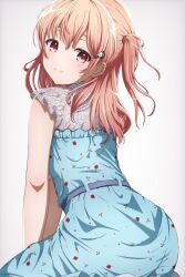 Rule 34 | 1girl, absurdres, arm support, ass, back, bang dream!, blush, cat hair ornament, dress, floral print, frilled dress, frills, from behind, grey background, hair ornament, highres, hiromachi nanami, looking at viewer, looking back, medium hair, noshimurin, on ground, pink hair, red eyes, simple background, sitting, smile, solo, two side up