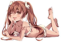 Rule 34 | 1girl, ass, bad feet, bad id, bad pixiv id, bikini, blush, brown eyes, brown hair, dark-skinned female, dark skin, artistic error, hair between eyes, hama ( hama000), kantai collection, libeccio (kancolle), long hair, looking at viewer, lying, on stomach, one eye closed, open mouth, ribbon, simple background, smile, solo, swimsuit, the pose, twintails, white background, wrong foot