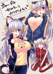 Rule 34 | 1girl, ;d, ^ ^, animal ears, blush, breasts, cat ears, cat tail, cleavage, closed eyes, eyebrows, closed eyes, fang, hair ribbon, heart, highres, jacket, large breasts, looking at viewer, multiple views, one eye closed, ooji cha, open mouth, original, oziko (ooji cha), purple eyes, ribbon, sitting, sleeves past wrists, smile, tail, translation request, two side up, wariza, yellow ribbon
