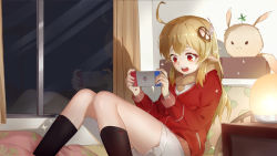 Rule 34 | 1girl, :o, ahoge, alternate costume, bed, bed sheet, black socks, blanket, brown scarf, casual, clover print, commentary request, contemporary, curtains, desk lamp, dodoco (genshin impact), game console, genshin impact, hair between eyes, hair down, hair ornament, highres, holding, jacket, klee (genshin impact), kneehighs, lamp, light brown hair, long hair, long sleeves, looking away, looking down, low twintails, night, night sky, nintendo switch, orange eyes, pillow, playing games, pocket, pointy ears, red jacket, reflection, scarf, shorts, sidelocks, sitting, sky, socks, solo, stuffed animal, stuffed toy, twintails, white shorts, window, yakimc