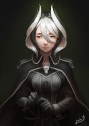 Rule 34 | applemoontea, black background, black eyes, black gloves, black hair, black theme, cape, closed mouth, commentary, gloves, hair between eyes, highres, jacket, long sleeves, looking away, made in abyss, multicolored hair, ozen, realistic, short hair, signature, standing, two-tone hair, upper body, whistle, white hair