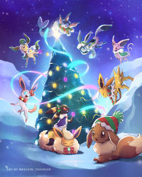 Rule 34 | :o, brown eyes, christmas, christmas tree, closed eyes, closed mouth, commentary, creatures (company), eevee, electricity, espeon, evolutionary line, flareon, game freak, gen 1 pokemon, gen 2 pokemon, gen 4 pokemon, gen 6 pokemon, glaceon, happy, clothed pokemon, highres, jolteon, kelvin-trainerk, leafeon, light, lying, mouth hold, night, nintendo, no humans, on stomach, outdoors, pokemon, pokemon (creature), sky, smile, sylveon, twitter username, umbreon, vaporeon