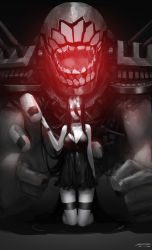 Rule 34 | 10s, 1girl, abyssal ship, battleship princess, belt, black dress, breasts, cannon, cleavage, dated, dress, glowing, grey background, highres, horns, kantai collection, kincora, kneeling, knees together feet apart, long hair, looking at viewer, pale skin, red eyes, short dress, signature, solo, turret