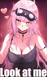 1girl absurdres black_choker black_mask black_nightgown blush choker closed_mouth commentary english_commentary english_text eye_mask heart heart-shaped_pupils highres hololive hololive_english kaiju_ryoku lace-trimmed_nightgown mask mask_on_head messy_hair mori_calliope mori_calliope_(sleepwear) nightgown official_alternate_costume pink_eyes pink_hair sleepwear smile solo strap_slip symbol-shaped_pupils virtual_youtuber