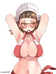 Rule 34 | 1girl, armpits, arms behind head, bikini, blunt bangs, breasts, brown eyes, brown hair, cleavage, commentary request, embarrassed, eyewear strap, glasses, headdress, highres, kantai collection, large breasts, looking to the side, motion lines, mouth hold, pince-nez, red bikini, red sarong, roma (kancolle), sarong, shiny skin, short hair, simple background, skindentation, solo, swimsuit, takase muh, twitter username, upper body, wavy hair, white background