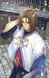 Rule 34 | 1boy, brown eyes, brown hair, commentary request, eyes visible through hair, hand up, highres, japanese clothes, looking at viewer, low ponytail, male focus, medium hair, mole, mole under eye, oshtor, parted bangs, parted lips, solo, standing, tcb, utawarerumono, utawarerumono: lost flag, water drop