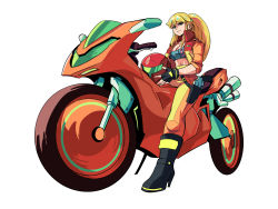 Rule 34 | 1girl, adapted costume, blonde hair, boots, breasts, cleavage, crop top, exhaust pipe, fingerless gloves, gloves, helmet, high heel boots, high heels, highres, jacket, metroid, motor vehicle, motorcycle, motorcycle helmet, nintendo, open clothes, open jacket, ponytail, samus aran, simple background, sitting, solo, tina fate, white background