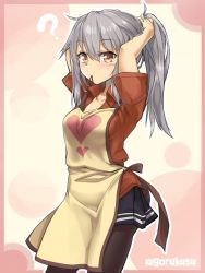 Rule 34 | 1girl, ?, adjusting hair, alternate costume, apron, black pantyhose, blush, breasts, cheese (cheese koubou), facial scar, gangut (kancolle), grey hair, hair between eyes, hair tie, hair tie in mouth, heart, highres, kantai collection, long hair, looking at viewer, mouth hold, pantyhose, pleated skirt, ponytail, red eyes, red shirt, scar, scar on cheek, scar on face, shirt, short sleeves, skirt, solo, twitter username