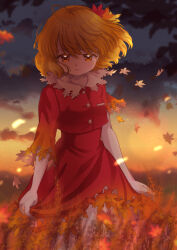 Rule 34 | 1girl, aki shizuha, asymmetrical sleeves, autumn leaves, blonde hair, blue sky, buttons, clothes lift, cloud, collar, collared jacket, colored eyelashes, commentary request, dress, dress lift, falling leaves, gradient sky, hair lift, hair ornament, half-closed eyes, high-waist skirt, highres, iris anemone, jacket, leaf, leaf hair ornament, lifting own clothes, long sleeves, loose hair strand, medium skirt, mountainous horizon, outdoors, parted lips, red jacket, red skirt, short hair, short sleeves, skirt, skirt set, sky, sleeves past fingers, sleeves past wrists, solo, straight-on, sunset, touhou, wheat field, white collar, wind, wind lift, yellow eyes, yellow sky