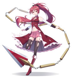 Rule 34 | 1girl, :d, absurdres, bare shoulders, black thighhighs, boots, breasts, chain, detached sleeves, du mogu, hair ribbon, highres, holding, holding nunchaku, holding weapon, knee boots, leg up, long hair, long sleeves, looking at viewer, mahou shoujo madoka magica, mahou shoujo madoka magica (anime), medium breasts, miniskirt, navel, nunchaku, open mouth, pink skirt, pleated skirt, ponytail, red eyes, red footwear, red hair, ribbon, sakura kyoko, scar, scar on face, simple background, skindentation, skirt, smile, solo, standing, standing on one leg, thighhighs, torn clothes, torn thighhighs, tsurime, v-shaped eyebrows, very long hair, weapon, white background, zettai ryouiki