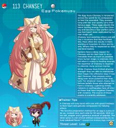 Rule 34 | 1boy, 1girl, absurdly long hair, artist name, barefoot, blue background, blue eyes, breasts, chansey, character name, character profile, cleavage, commentary, creatures (company), dress, egg, english commentary, english text, feet, game freak, gen 1 pokemon, hat feather, highres, holding, holding egg, kinkymation, large breasts, long hair, nintendo, one eye closed, personification, pink hair, poke ball, poke ball (basic), pokemon, purple hair, toes, very long hair, yellow dress