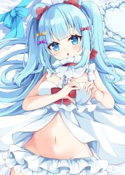 Rule 34 | 1girl, :o, animal ears, bear ears, bed sheet, blue bow, blue eyes, blue hair, bow, breasts, commentary request, ear bow, frilled pillow, frills, groin, hands up, heart, heart hands, long hair, looking at viewer, lying, maki soutoki, medium breasts, navel, on back, original, parted lips, pillow, purple bow, red bow, solo, two side up, very long hair, yellow bow