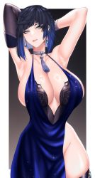 Rule 34 | 1girl, armpits, arms up, asymmetrical gloves, bare shoulders, blue dress, bob cut, border, breasts, cero rains, cleavage, commentary, curvy, diagonal bangs, dice, dress, ear piercing, earrings, english commentary, evening gown, genshin impact, gloves, gradient background, green eyes, halterneck, highres, huge breasts, jewelry, looking to the side, mole, mole on breast, multicolored hair, neck tassel, piercing, revision, short hair, tassel choker, thighhighs, tongue, tongue out, white border, yelan (genshin impact)