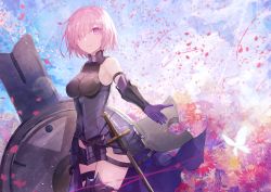 Rule 34 | 1girl, armor, armored dress, black dress, blush, breasts, bug, butterfly, commentary request, dress, fate/grand order, fate (series), flower, gloves, hair over one eye, highres, holding, insect, large breasts, light purple hair, looking at viewer, mash kyrielight, open mouth, outdoors, pink hair, purple eyes, purple hair, red flower, shield, short hair, smile, solo, sword, thkani, weapon, yellow flower