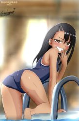 Rule 34 | 1girl, artist request, ass, backlighting, black hair, blush, brown eyes, dark-skinned female, dark skin, grin, ijiranaide nagatoro-san, long hair, looking at viewer, nagatoro hayase, on one knee, smile, solo, swimsuit