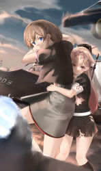 Rule 34 | 2girls, black skirt, black socks, blonde hair, blue eyes, blush, brown hair, butter curry, intrepid (kancolle), kantai collection, kneehighs, long hair, looking at another, looking at viewer, multiple girls, outdoors, parted lips, puffy short sleeves, puffy sleeves, red eyes, short hair, short sleeves, skirt, socks, teeth, torn clothes, torn skirt, yuudachi (kancolle)
