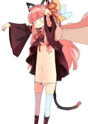 Rule 34 | 1girl, 3:, animal ear fluff, animal ears, black dress, black footwear, black tail, blue bow, blunt bangs, boots, bow, cat ears, clothes lift, detached sleeves, dress, dress lift, flat chest, hair ornament, hair ribbon, kotonoha akane, lifting person, long hair, long sleeves, longcat (meme), meme, navel, neck ribbon, outstretched arms, panties, petenshi (dr. vermilion), pink hair, red ribbon, ribbon, sidelocks, simple background, slit pupils, thighhighs, underwear, very long hair, voiceroid, white background, white thighhighs, wide sleeves, yellow bow