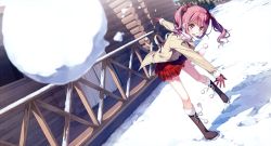 Rule 34 | &gt;:d, 1girl, :d, absurdres, blush, boots, dutch angle, gloves, highres, kantoku, kurumi (kantoku), long hair, open mouth, original, pink eyes, pink hair, scan, scarf, school uniform, skirt, smile, snow, snowball, snowball fight, solo, twintails, v-shaped eyebrows