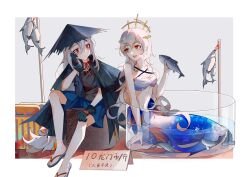 Rule 34 | absurdres, ampheta, animal, arknights, bare arms, bare shoulders, bikini, black cloak, black gloves, black headwear, black shirt, blue shorts, character request, cloak, criss-cross halter, fish, gloves, grey background, grey footwear, hair between eyes, halterneck, hand up, highres, holding, holding animal, long hair, mermaid, monster girl, partially submerged, red eyes, sandals, shirt, shorts, sign, swimsuit, translation request, two-tone background, very long hair, water, white background, white bikini, white hair, zouri