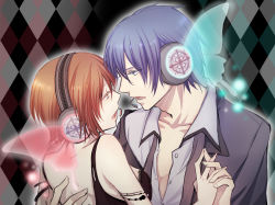 Rule 34 | 1boy, 1girl, blue eyes, blue hair, brown eyes, brown hair, butterfly wings, dress, face-to-face, genmai, headphones, headset, hetero, holding hands, insect wings, kaito (vocaloid), magnet (vocaloid), meiko (vocaloid), short hair, vocaloid, wings